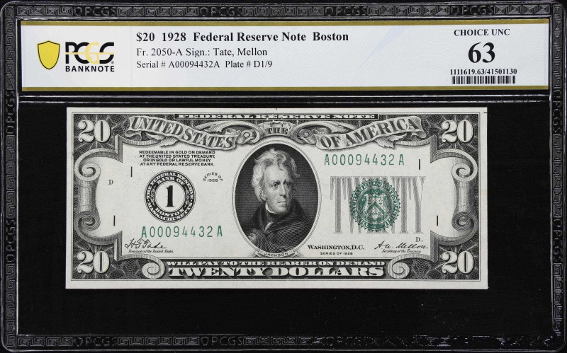 Fr. 2050-A. 1928 $20 Federal Reserve Note. Boston. PCGS Banknote Choice Uncircul...