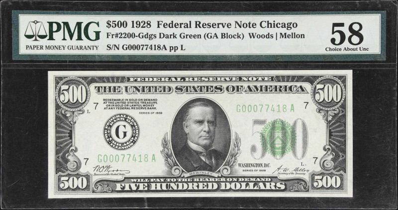 Fr. 2200-Gdgs. 1928 Dark Green Seal $500 Federal Reserve Note. Chicago. PMG Choi...