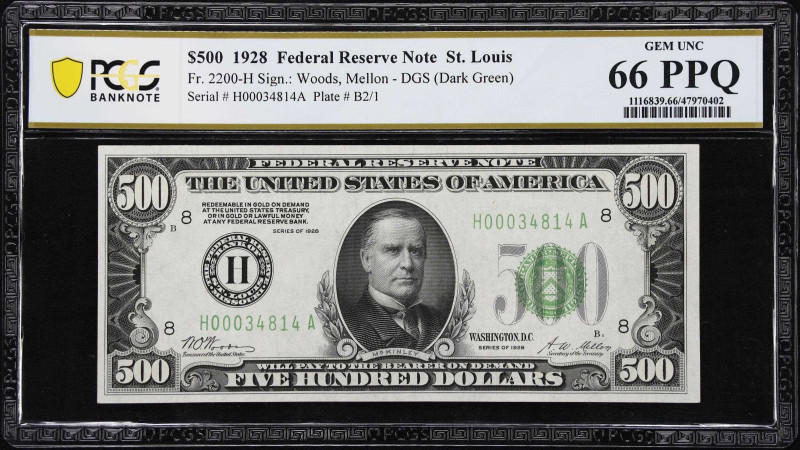 Incredible Near Superb Fr. 2200-H 1928 St. Louis $500 
Fr. 2200-H. 1928 Dark Gr...