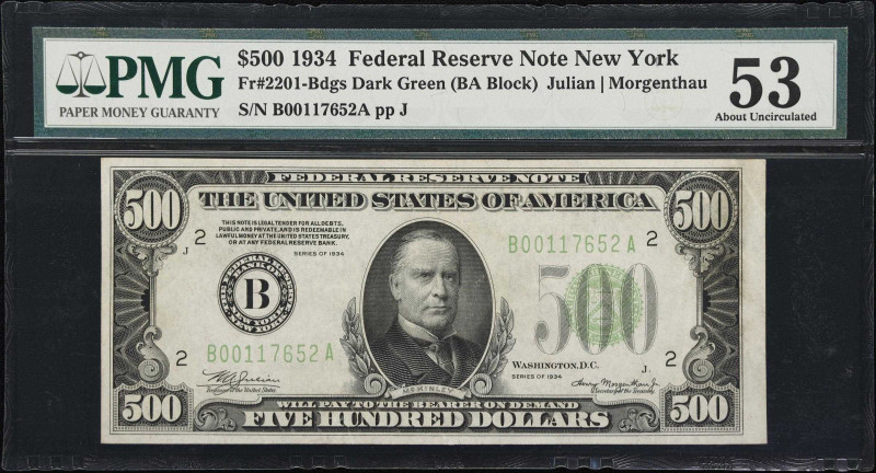 Fr. 2201-Bdgs. 1934 Dark Green Seal $500 Federal Reserve Note. New York. PMG Abo...