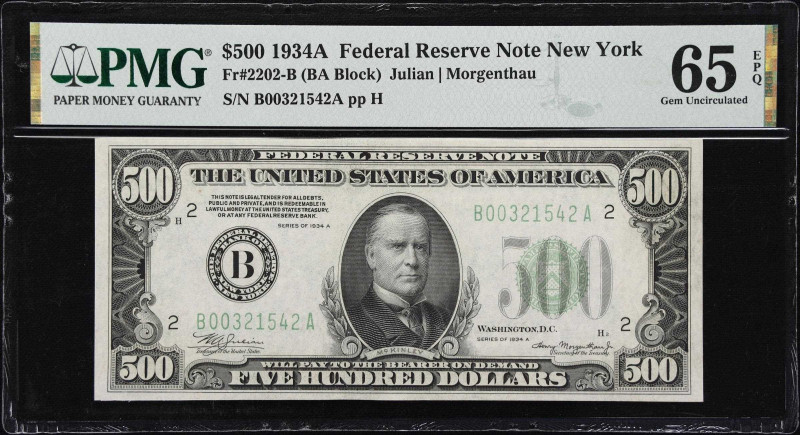 Fr. 2202-B. 1934A $500 Federal Reserve Note. New York. PMG Gem Uncirculated 65 E...