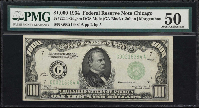 Fr. 2211-Gdgsm. 1934 Dark Green Seal $1000 Federal Reserve Mule Note. Chicago. P...