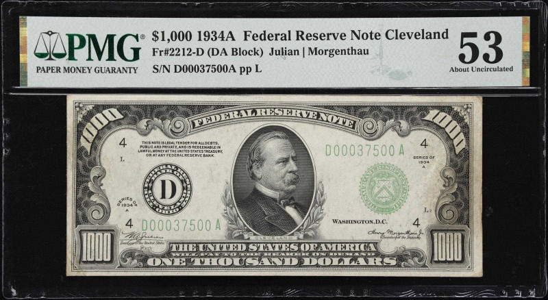 Fr. 2212-D. 1934A $1000 Federal Reserve Note. Cleveland. PMG About Uncirculated ...