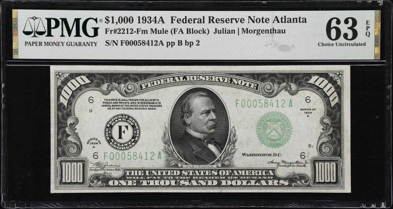 Fr. 2212-Fm. 1934A $1000 Federal Reserve Mule Note. Atlanta. PMG Choice Uncircul...