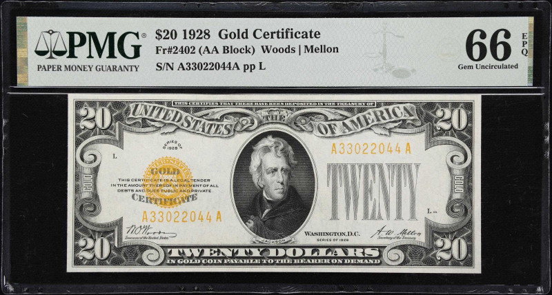 Fr. 2402. 1928 $20 Gold Certificate. PMG Gem Uncirculated 66 EPQ.
A common note...