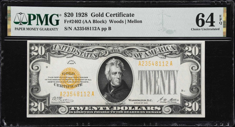 Fr. 2402. 1928 $20 Gold Certificate. PMG Choice Uncirculated 64 EPQ.
A rather a...