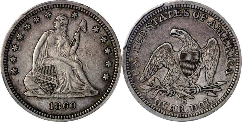 1860-S Liberty Seated Quarter. Briggs 1-A, the only known dies. EF-45 (PCGS).
A...