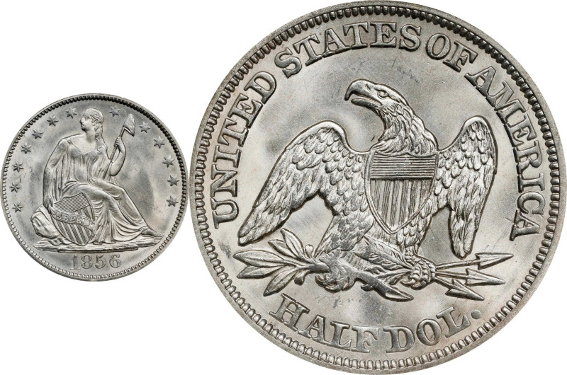 1856 Liberty Seated Half Dollar. WB-1. Rarity-3. Spiked 1. MS-65 (NGC).
Sparkli...