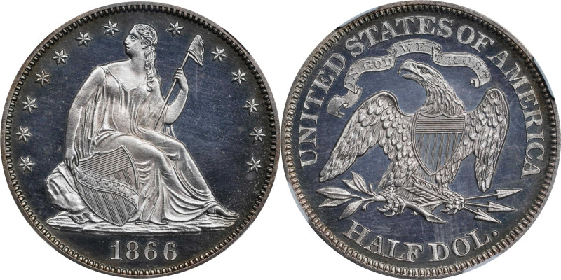 1866 Liberty Seated Half Dollar. Motto. Proof-66 (NGC).
This is a beautiful, co...