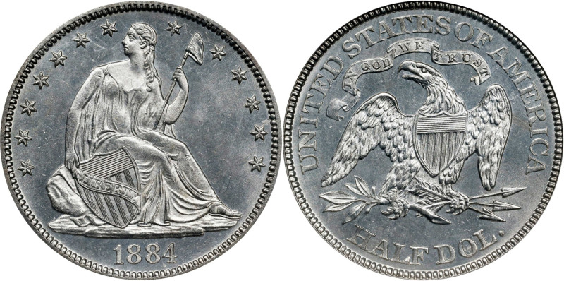 1884 Liberty Seated Half Dollar. WB-102. Repunched Date. MS-65 (NGC).
A brillia...