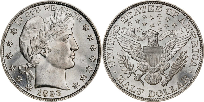 1893 Barber Half Dollar. MS-65 (NGC). CAC.
This brilliant and beautiful example...