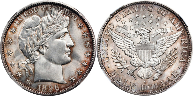 1896-S Barber Half Dollar. MS-65 (NGC).
Deep silver gray centers yield to a ric...