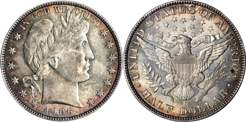 1906-D Barber Half Dollar. MS-65 (PCGS).
Green-gray and silver-gray patina blan...