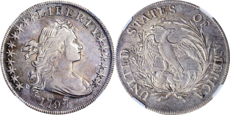 1797 Draped Bust Silver Dollar. BB-71, B-3. Rarity-2. Stars 10x6. EF-45 (NGC).
...