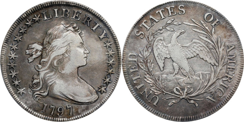 1797 Draped Bust Silver Dollar. BB-71, B-3. Rarity-2. Stars 10x6. VF-35 (PCGS)....