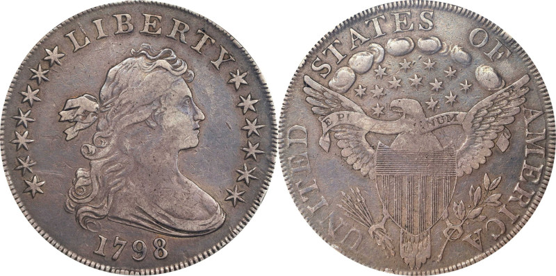 1798 Draped Bust Silver Dollar. Heraldic Eagle. BB-108, B-13. Rarity-3. Pointed ...