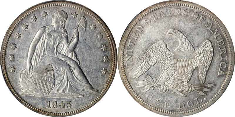 1845 Liberty Seated Silver Dollar. OC-1. Rarity-2. AU-53 (PCGS).
The lightest g...