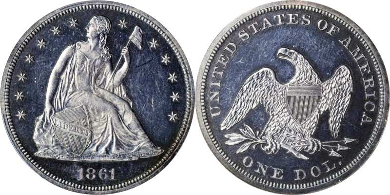 1861 Liberty Seated Silver Dollar. Proof-62 (PCGS).
Bright, lightly toned surfa...