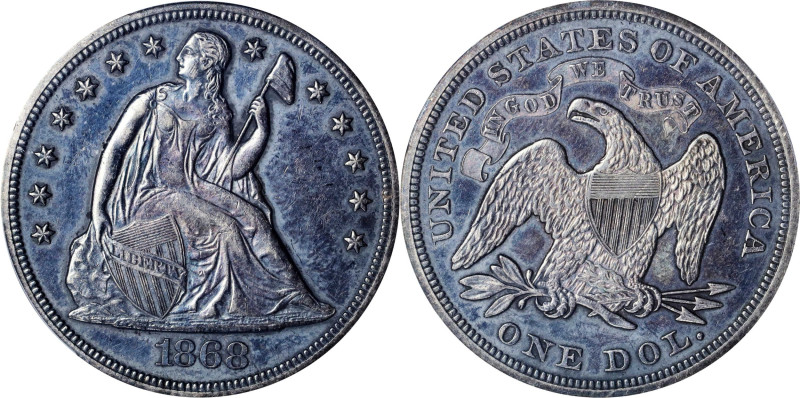 1868 Liberty Seated Silver Dollar. OC-3, FS-301. Rarity-4-. Top 30 Variety. Misp...