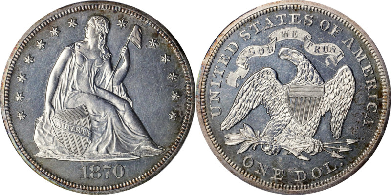 1870 Liberty Seated Silver Dollar. Proof-62 (PCGS).
Light iridescent toning ado...