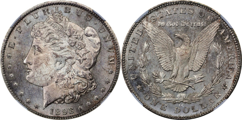 1893-CC Morgan Silver Dollar. MS-63 (NGC).
The softly frosted luster is enhance...