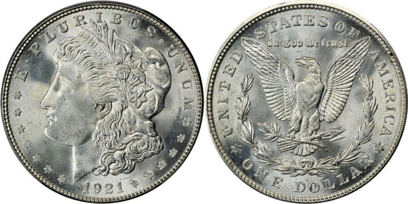 1921-S Morgan Silver Dollar. MS-66+ (PCGS).
The three 1921-dated Morgan dollar ...