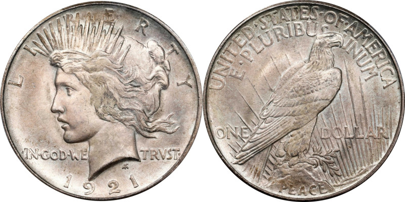 1921 Peace Silver Dollar. High Relief. MS-65 (PCGS). CAC.
A thickly frosted sat...