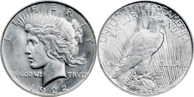 1922-D Peace Silver Dollar. MS-66+ (PCGS).
This bright, lightly toned premium G...