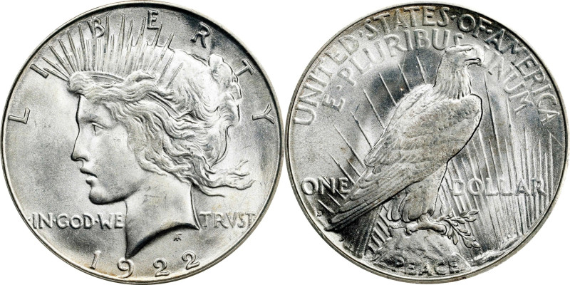 1922-S Peace Silver Dollar. MS-65+ (PCGS). CAC.
A brilliant and beautiful coin ...