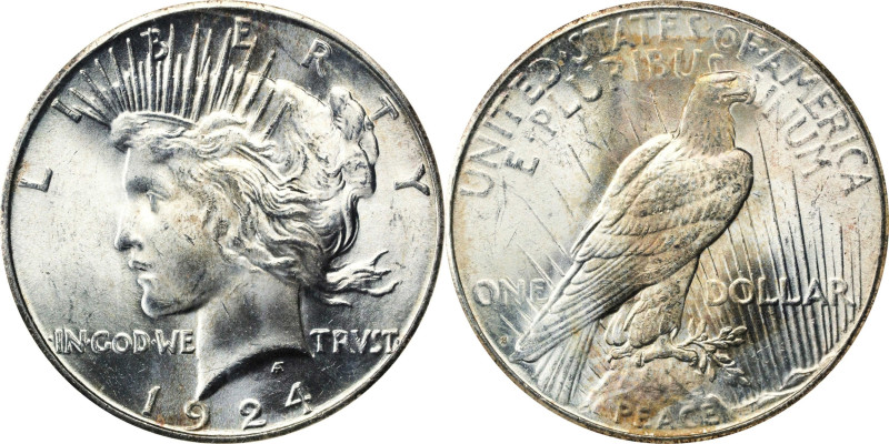 1924-S Peace Silver Dollar. MS-65 (NGC).
This Gem 1924-S Peace dollar is a subl...