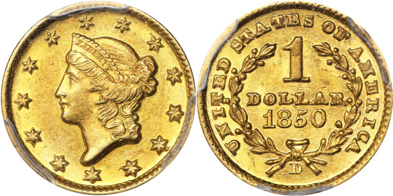 1850-D Gold Dollar. Winter 2-C, the only known dies. AU-58 (PCGS). CAC.
Boldly ...