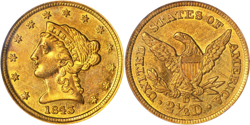 1843-D Liberty Head Quarter Eagle. Winter 4-F. Small D. AU-55 (PCGS). OGH.
An u...