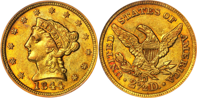 1844-D Liberty Head Quarter Eagle. Winter 5-J. AU-55 (PCGS). CAC. OGH.
Lustrous...