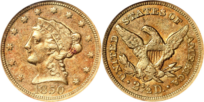 1850-C Liberty Head Quarter Eagle. Winter-1. AU-55 (NGC).
The rich honey-gold a...