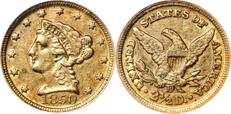 1850-D Liberty Head Quarter Eagle. Winter 13-N. AU-55 (NGC).
An attractive piec...