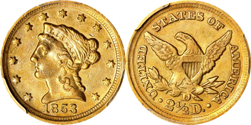 1853-D Liberty Head Quarter Eagle. Winter 17-N, the only known dies. EF-45 (PCGS...