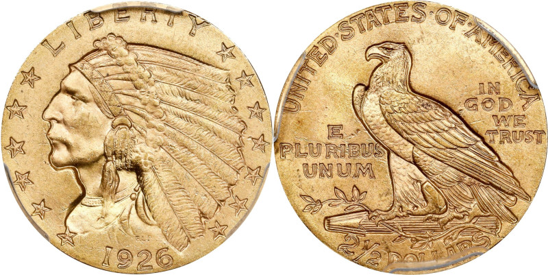 1926 Indian Quarter Eagle. MS-65 (PCGS).
Fully struck and bathed in billowy min...