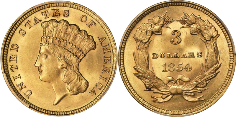 1854 Three-Dollar Gold Piece. MS-64 (PCGS).
A lustrous and well struck example ...