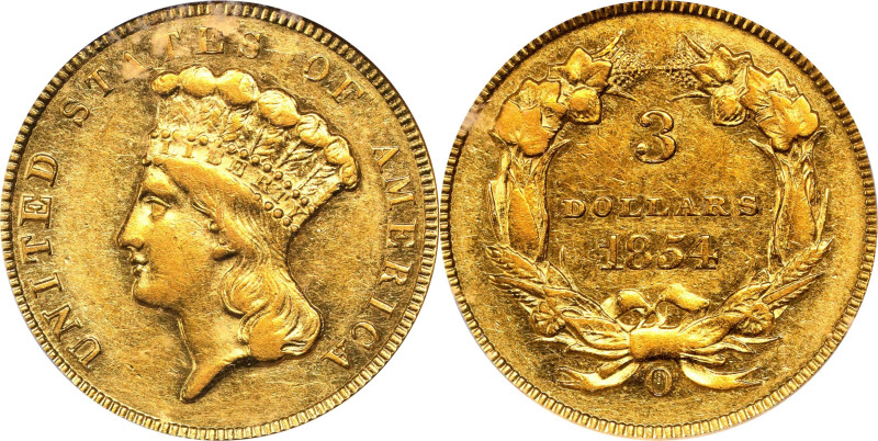 1854-O Three-Dollar Gold Piece. Winter-1. AU-55 (ICG).
The New Orleans Mint iss...