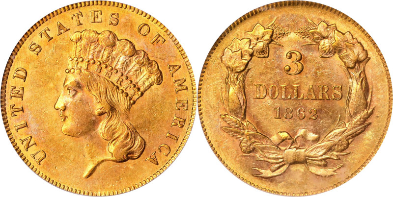 1862 Three-Dollar Gold Piece. AU-58 (ICG).
Only 5,750 $3 gold pieces came off t...