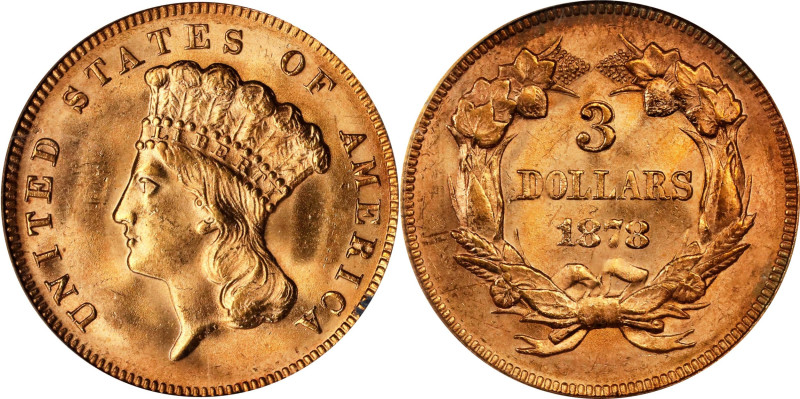 1878 Three-Dollar Gold Piece. MS-64 (PCGS). CAC.
A delightful piece worthy of a...