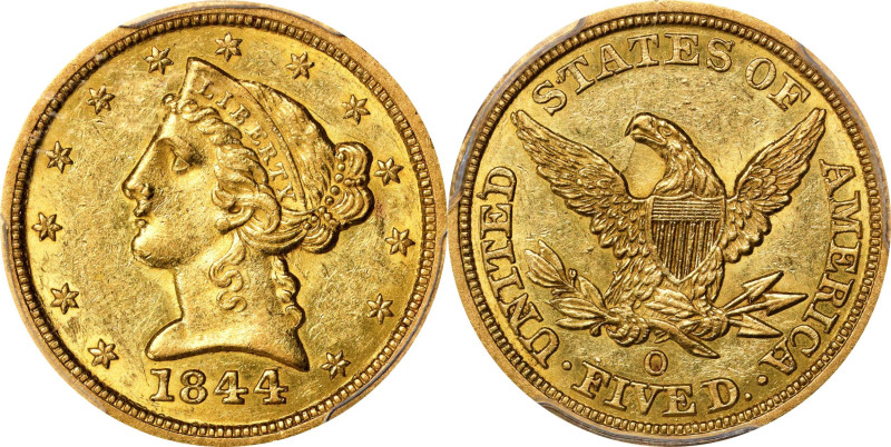 1844-O Liberty Head Half Eagle. Winter-3. AU-58 (PCGS). CAC.
Pleasing bright ho...