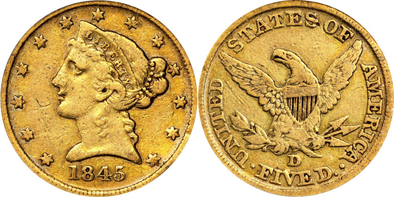 1845-D Liberty Head Half Eagle. Winter 13-H. VF-20 (PCGS). OGH.
A moderately wo...