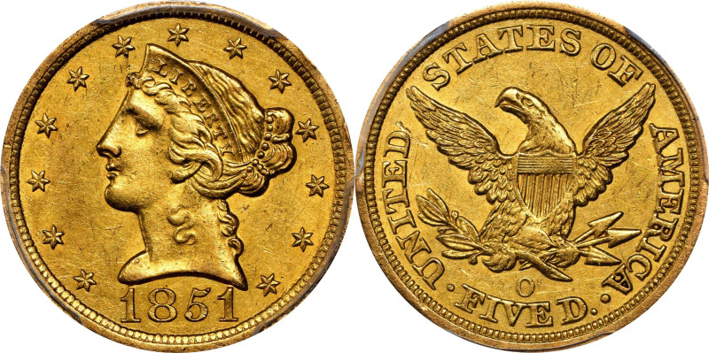 1851-O Liberty Head Half Eagle. Winter-1. AU-58 (PCGS).
Pleasing honey-orange s...