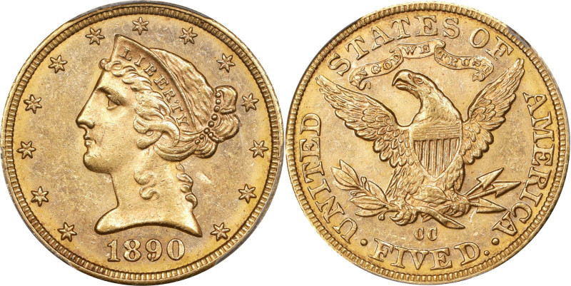 1890-CC Liberty Head Half Eagle. MS-63 (PCGS). CAC.
Offered is an uncommonly we...