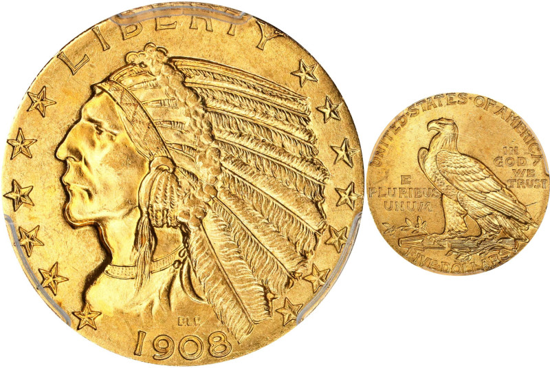 1908 Indian Half Eagle. MS-65 (PCGS).
This is the first year of issue of the In...