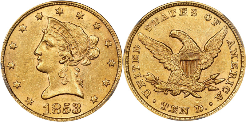 1853/'2' Liberty Head Eagle. Breen-6905. AU-58 (PCGS). CAC.
A handsome, wonderf...