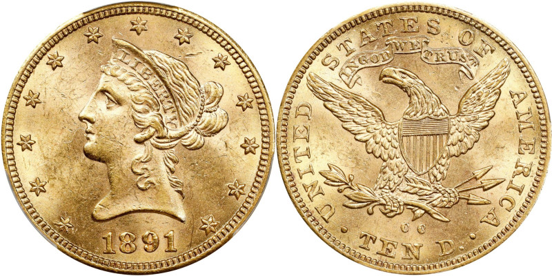 1891-CC Liberty Head Eagle. MS-62+ (PCGS). CAC.
A frosty and sharply struck exa...