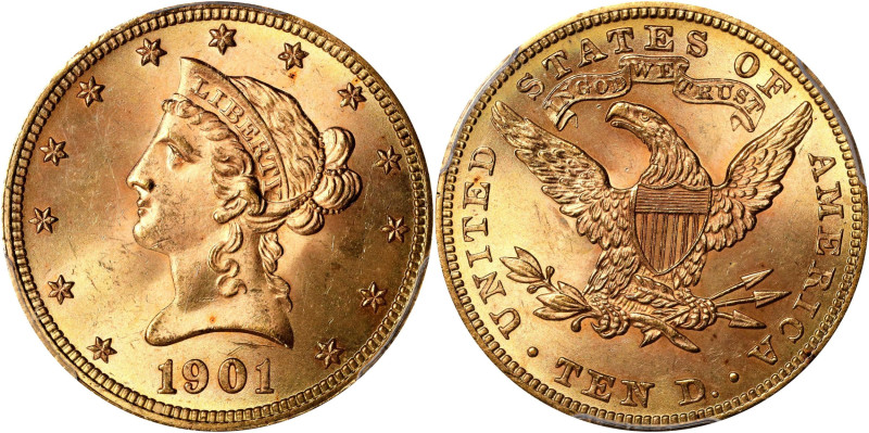 1901 Liberty Head Eagle. MS-65 (PCGS).
A gorgeous example with razor sharp stri...