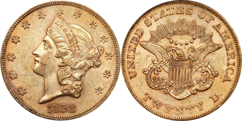 1858 Liberty Head Double Eagle. AU-58 (NGC).
The mostly lustrous and vivid surf...